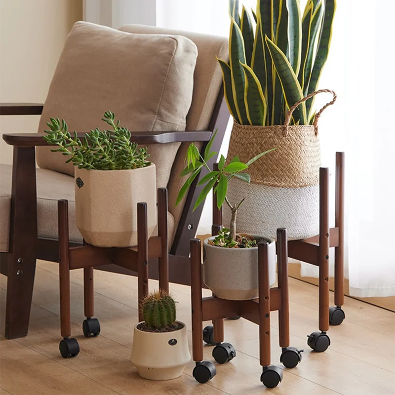 Size M Cross Shaped Plant Stand with Wheels Adjustable Height Bamboo Movable Flower Pot Holder Rack - Bamboo Color