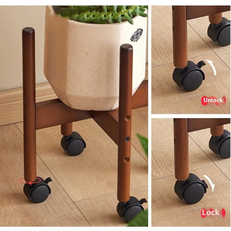 Size M Cross Shaped Plant Stand with Wheels Adjustable Height Bamboo Movable Flower Pot Holder Rack - Bamboo Color