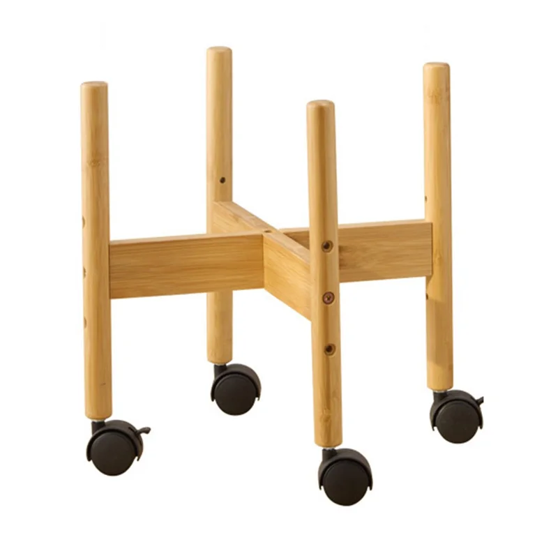 Size L Cross Shaped Plant Stand with Wheels Adjustable Height Bamboo Movable Flower Pot Holder Rack - Bamboo Color