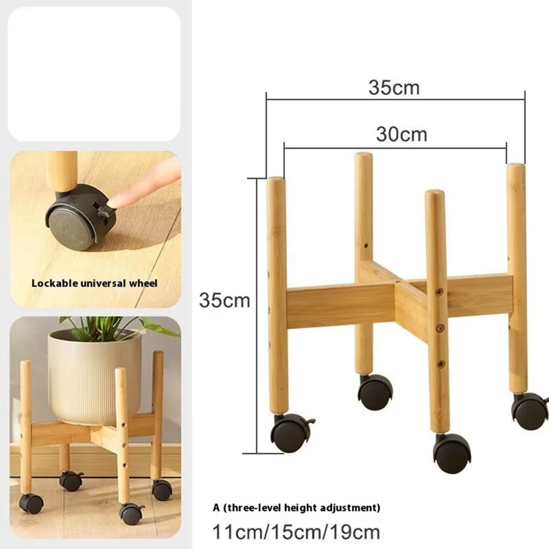 Size L Cross Shaped Plant Stand with Wheels Adjustable Height Bamboo Movable Flower Pot Holder Rack - Bamboo Color