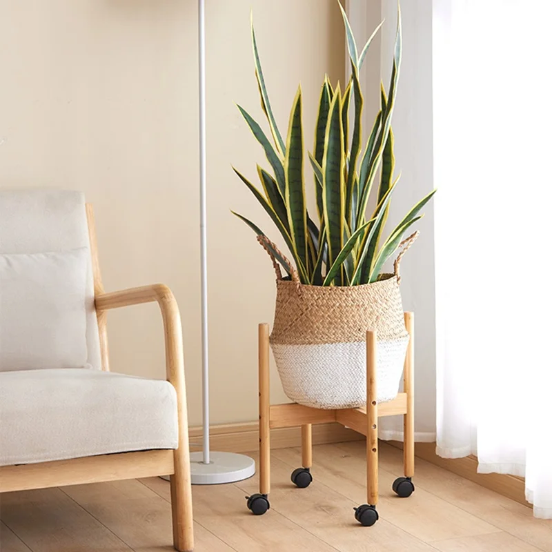 Size L Cross Shaped Plant Stand with Wheels Adjustable Height Bamboo Movable Flower Pot Holder Rack - Bamboo Color