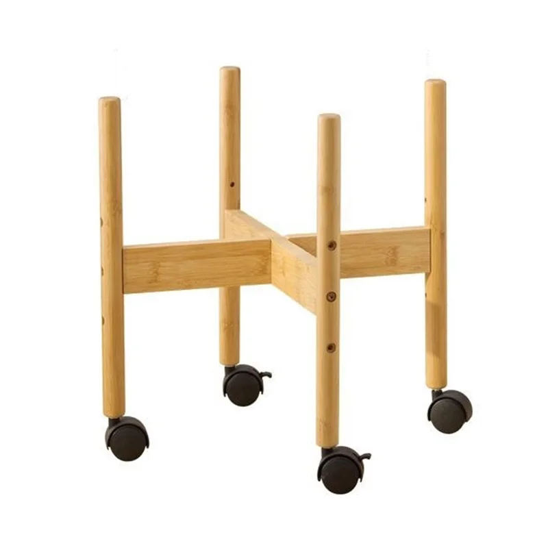 Size XL Cross Shaped Plant Stand with Wheels Adjustable Height Bamboo Movable Flower Pot Holder Rack - Bamboo Color