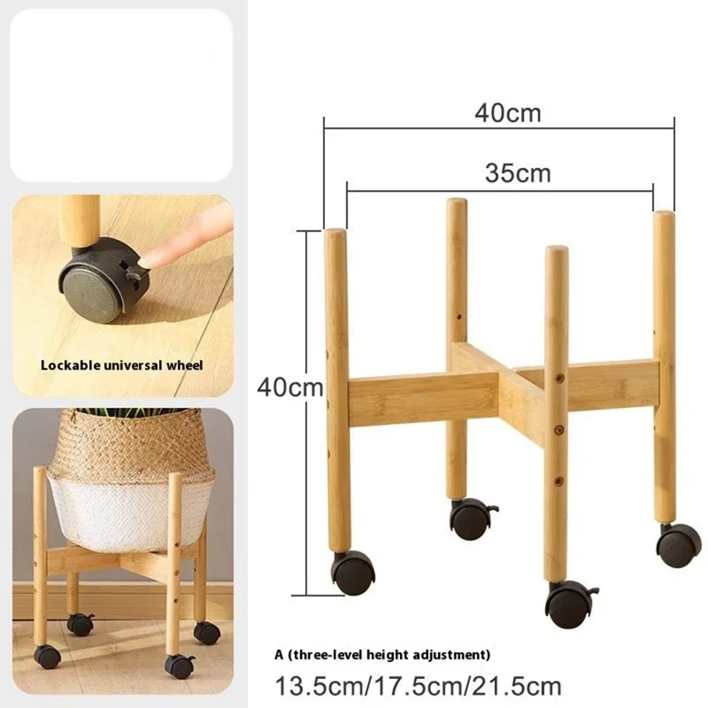 Size XL Cross Shaped Plant Stand with Wheels Adjustable Height Bamboo Movable Flower Pot Holder Rack - Bamboo Color