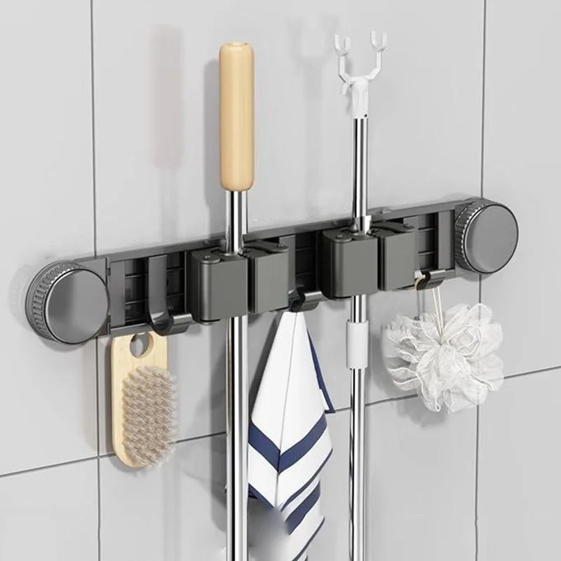 Bathroom Suction Cup Mop Holder with 2 Racks + 3 Hooks Wall Mounted No Drill Broom Holder Storage Tool Organizer