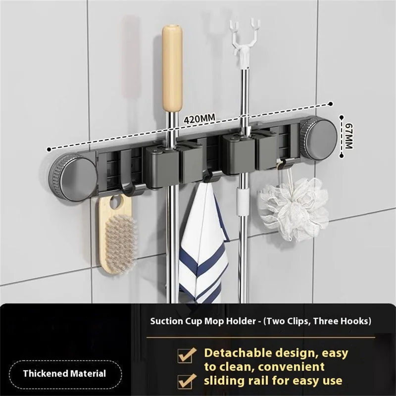 Bathroom Suction Cup Mop Holder with 2 Racks + 3 Hooks Wall Mounted No Drill Broom Holder Storage Tool Organizer