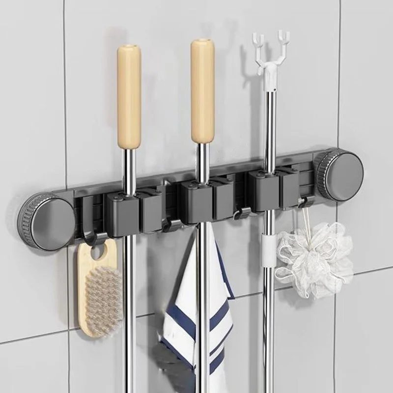 Badezimmer Saugnapf Mopp-Halter mit 3 Regalen + 4 Haken Wandmontage Ohne Bohren Besenhaltung Aufbewahrungsorganisator