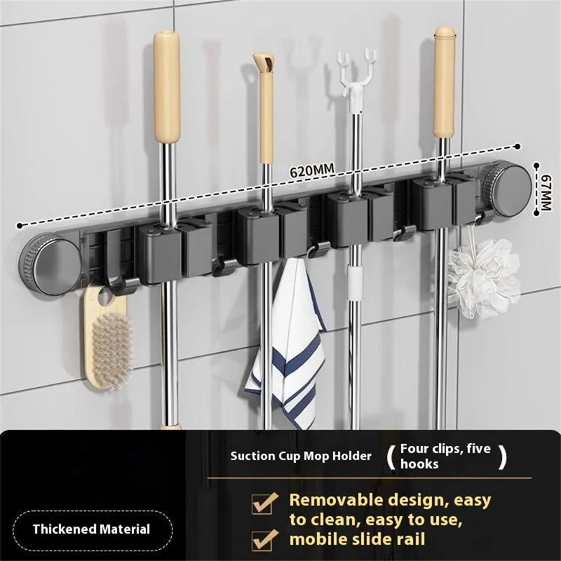 Bathroom Suction Cup Mop Holder with 4 Racks + 5 Hooks Wall Mounted No Drill Broom Holder Storage Tool Organizer