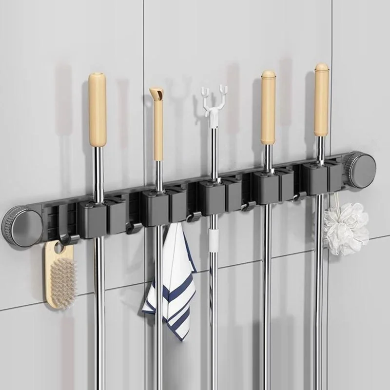 Bathroom Suction Cup Mop Holder with 5 Racks + 6 Hooks Wall Mounted No Drill Broom Holder Storage Tool Organizer