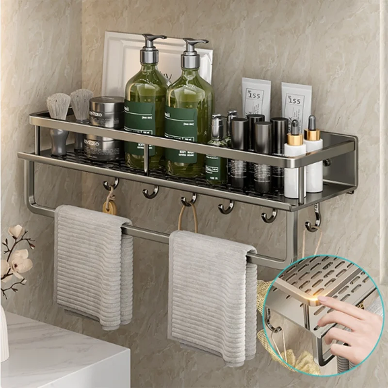 Mensola da bagno da 60 cm, portaoggetti a parete ventilato e senza foratura per accessori da toilette con scarico integrato