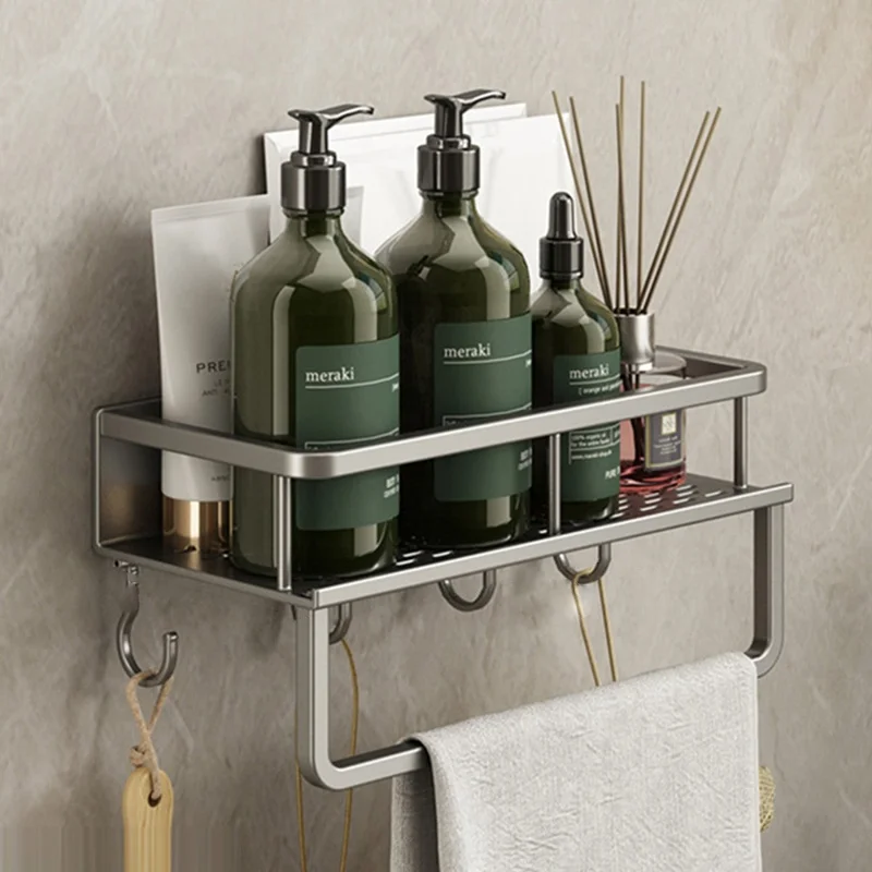 Étagère de rangement pour salle de bain de 30 cm avec crochets et barre à serviettes, fixation murale sans perçage, organisateur ventilé avec égouttoir