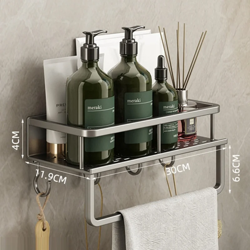 Étagère de rangement pour salle de bain de 30 cm avec crochets et barre à serviettes, fixation murale sans perçage, organisateur ventilé avec égouttoir