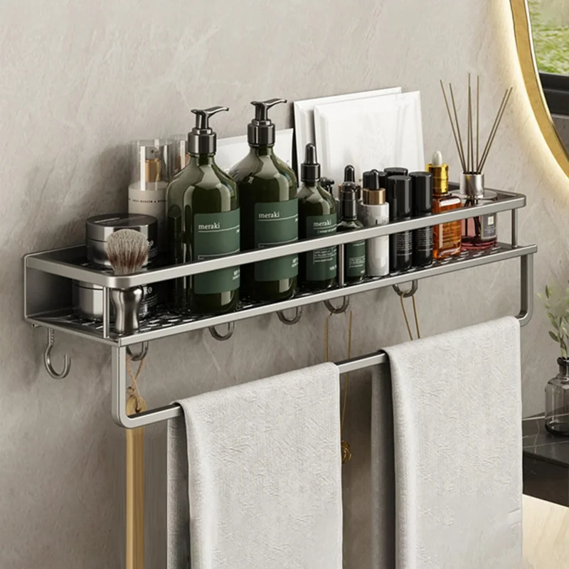 60cm Bathroom Storage Rack with Hooks and Towel Bar Wall Mounted No Drill Ventilated Draining Organizer