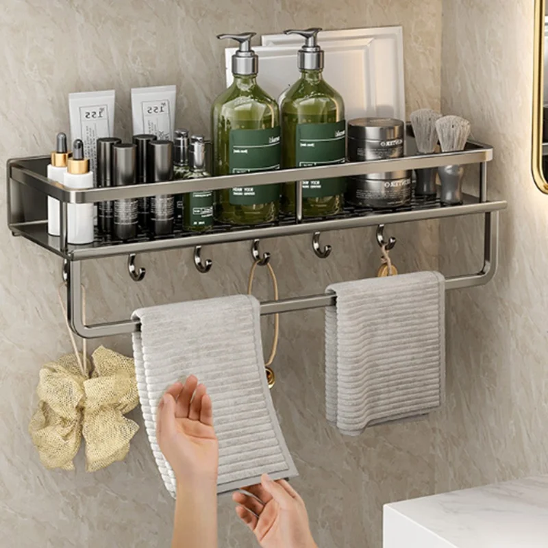 60cm Bathroom Storage Rack with Hooks and Towel Bar Wall Mounted No Drill Ventilated Draining Organizer