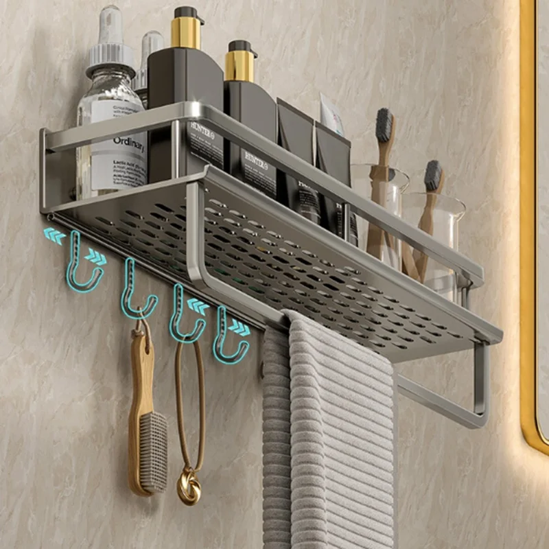 60cm Bathroom Storage Rack with Hooks and Towel Bar Wall Mounted No Drill Ventilated Draining Organizer