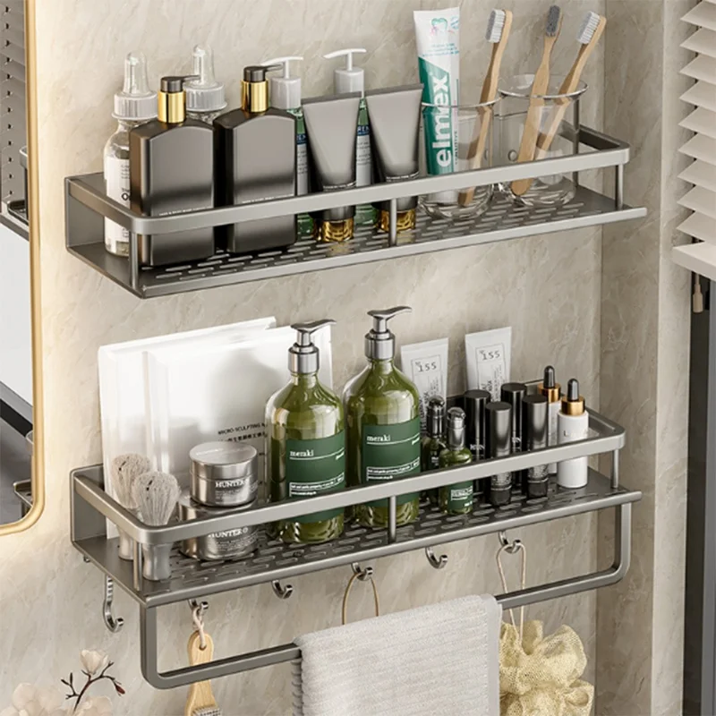 60cm Bathroom Storage Rack with Hooks and Towel Bar Wall Mounted No Drill Ventilated Draining Organizer