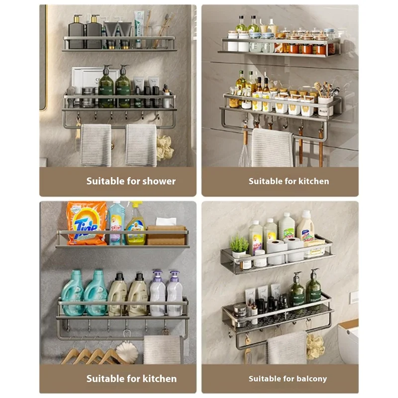 60cm Bathroom Storage Rack with Hooks and Towel Bar Wall Mounted No Drill Ventilated Draining Organizer