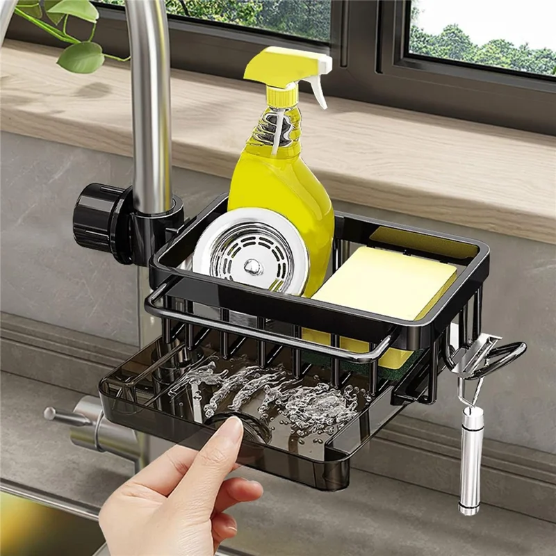 Organizador de Grifos de Aluminio Espacial para Cocina y Baño con Bandeja de Drenaje y Cesta Colgante - Negro / Derecho