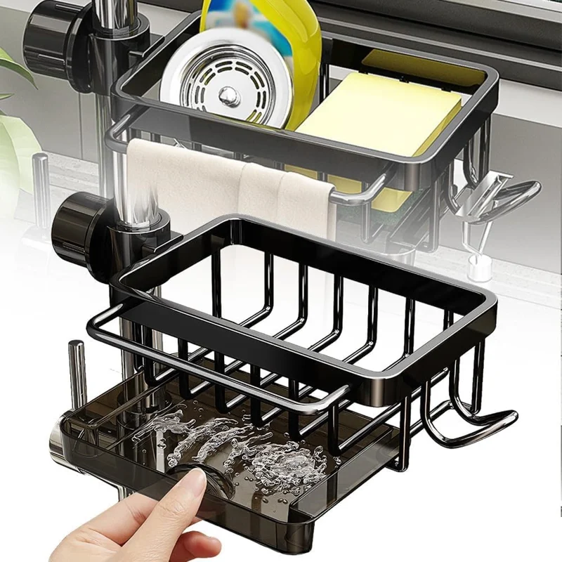 Organizador de Grifos de Aluminio Espacial para Cocina y Baño con Bandeja de Drenaje y Cesta Colgante - Negro / Derecho