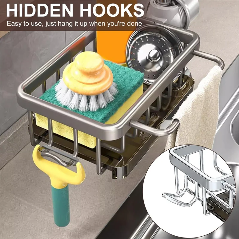 Organizador de Grifos de Aluminio Espacial para Cocina y Baño con Bandeja de Drenaje y Cesta Colgante - Negro / Derecho