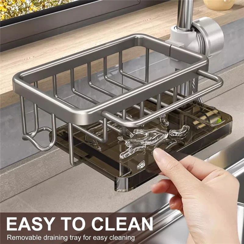 Organizador de Grifos de Aluminio Espacial para Cocina y Baño con Bandeja de Drenaje y Cesta Colgante - Negro / Derecho