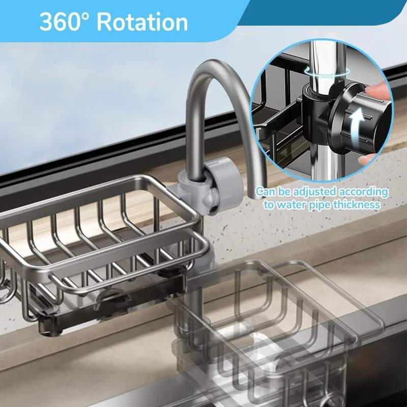 Organizador de Grifos de Aluminio Espacial para Cocina y Baño con Bandeja de Drenaje y Cesta Colgante - Negro / Derecho