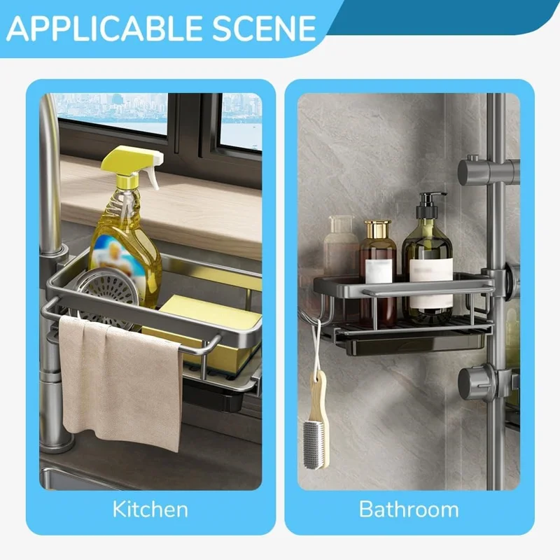 Organizador de Grifos de Aluminio Espacial para Cocina y Baño con Bandeja de Drenaje y Cesta Colgante - Negro / Derecho