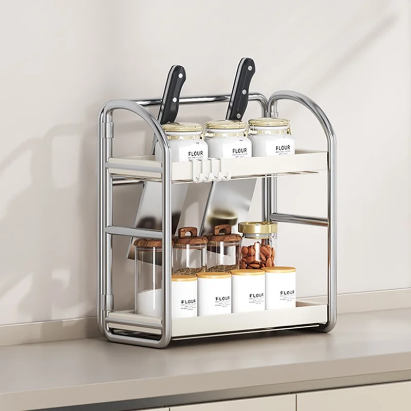 Organizzatore da Bancone per Cucina a 2 Ripiani, Larghezza 30 cm, Portaspezie, Portautensili, Supporto per Coltelli, Scaffale Multiuso per Stoccaggio