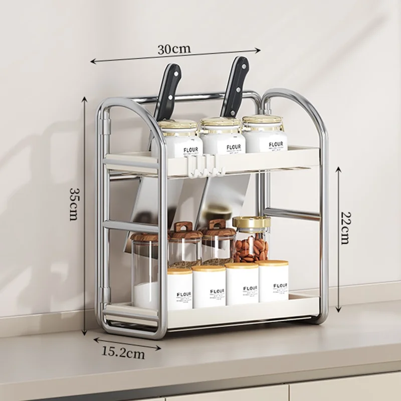 Organizzatore da Bancone per Cucina a 2 Ripiani, Larghezza 30 cm, Portaspezie, Portautensili, Supporto per Coltelli, Scaffale Multiuso per Stoccaggio