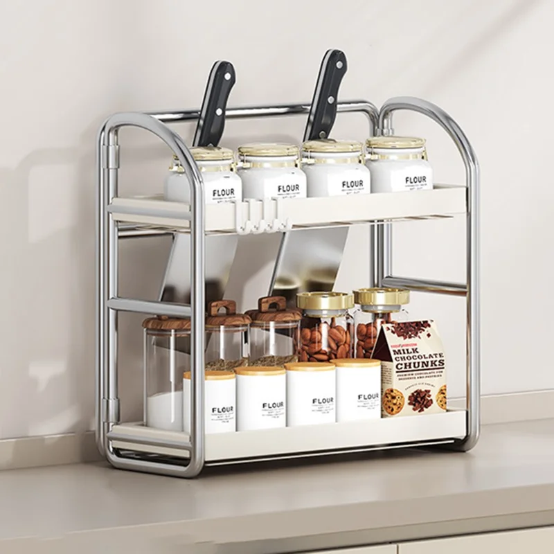 Organizador de Encimera de Cocina de 2 Niveles de 40 cm de Ancho, Especiero, Soporte para Utensilios, Soporte para Cuchillos, Estantería de Almacenamiento Multifunción