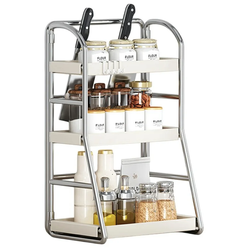 Kitchen Countertop Organizer 3-Tier 30cm Width Spice Rack Utensil Holder Knife Stand Multi-Function Storage Shelf