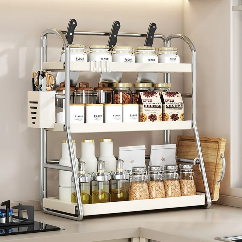 Kitchen Countertop Organizer with Chopstick Holder 3-Tier 30cm Width Spice Rack Utensil Holder Knife Stand Storage Shelf