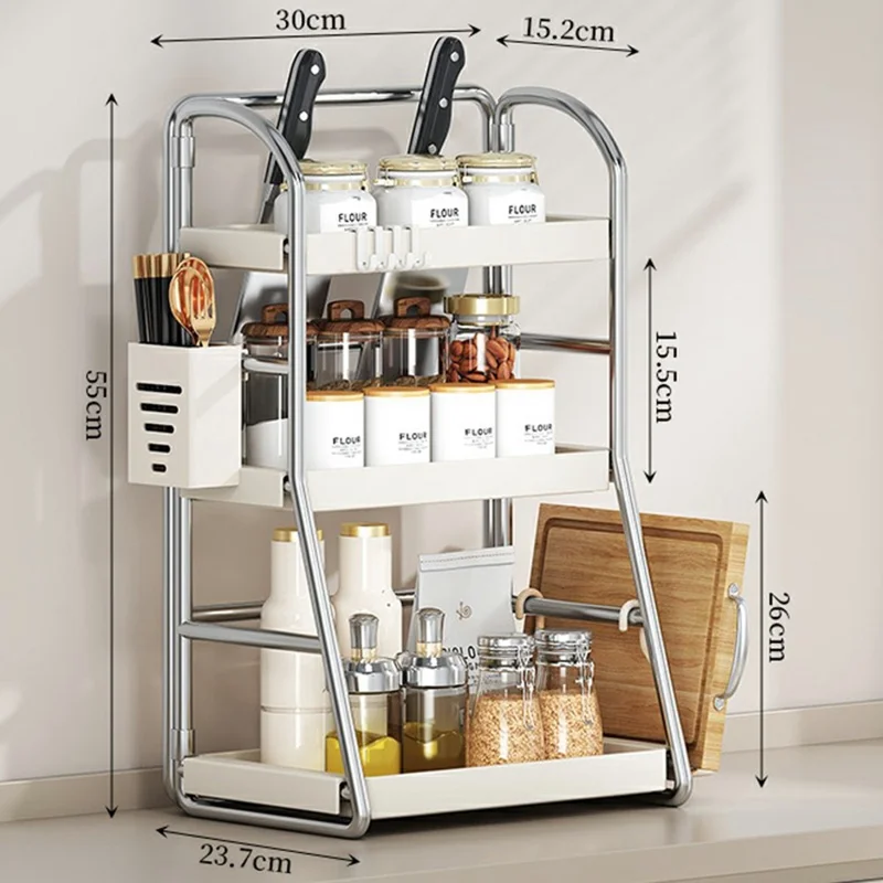 Kitchen Countertop Organizer with Chopstick Holder 3-Tier 30cm Width Spice Rack Utensil Holder Knife Stand Storage Shelf