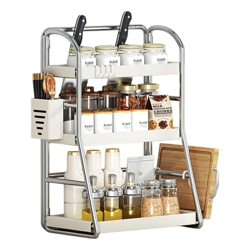 Kitchen Counter Organizer with Chopstick Holder 3-Tier 40cm Width Spice Rack Utensil Holder Knife Stand Multifunctional Storage Shelf