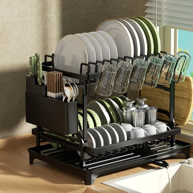 Égouttoir de cuisine multifonction avec cage à baguettes - Organisateur d'égouttement pour assiettes, bols, couverts, planche à découper et tasses - Noir