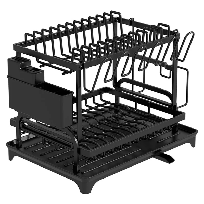 Égouttoir de cuisine multifonction avec cage à baguettes - Organisateur d'égouttement pour assiettes, bols, couverts, planche à découper et tasses - Noir