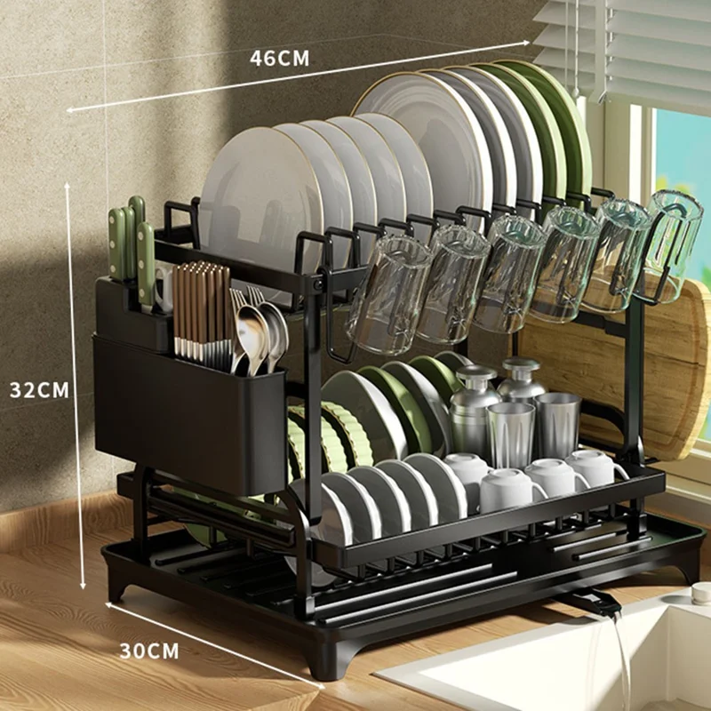 Égouttoir de cuisine multifonction avec cage à baguettes - Organisateur d'égouttement pour assiettes, bols, couverts, planche à découper et tasses - Noir