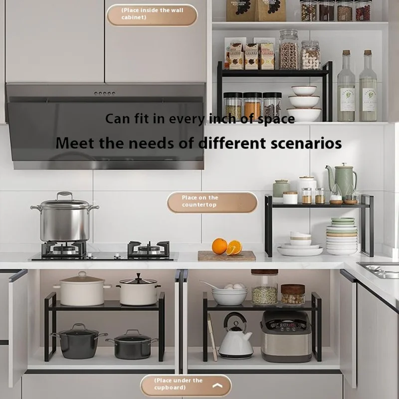 Organizador de gabinete de cocina Estante de 25 cm de altura Soporte de almacenamiento de utensilios de cocina y platos Soporte de especias - Negro