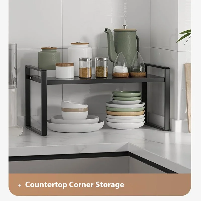 Organizador de gabinete de cocina Estante de 25 cm de altura Soporte de almacenamiento de utensilios de cocina y platos Soporte de especias - Negro