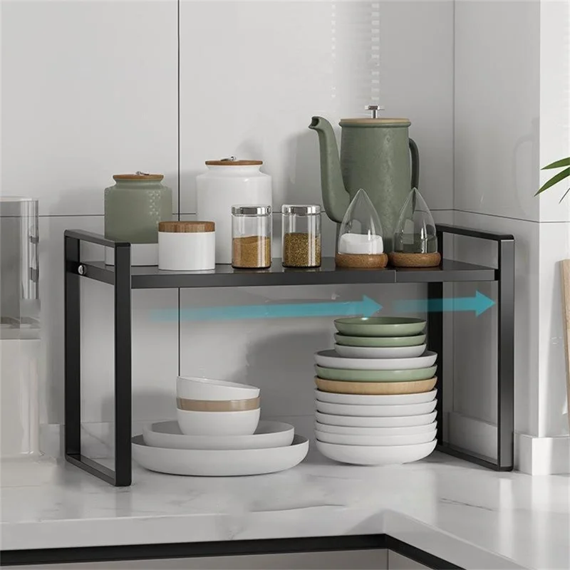 Mensola Organizzatore Estensibile per Armadietti della Cucina 31 - 55 cm Scaffale Regolabile per Pentole Piatti Spezie, Altezza 25 cm - Nero