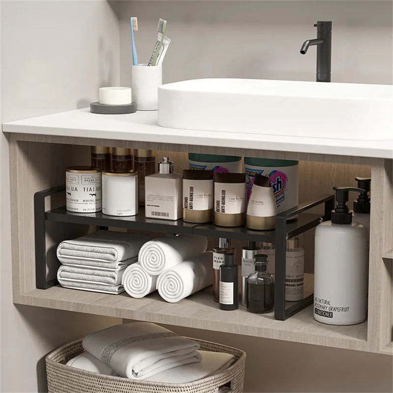 Mensola Organizzatore Estensibile per Armadietti della Cucina 31 - 55 cm Scaffale Regolabile per Pentole Piatti Spezie, Altezza 25 cm - Nero