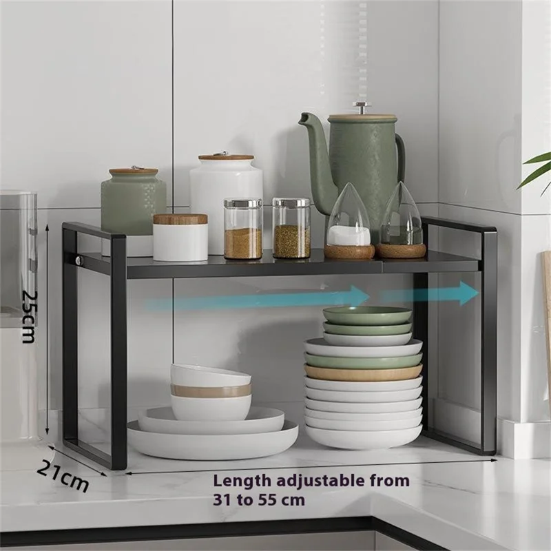 Mensola Organizzatore Estensibile per Armadietti della Cucina 31 - 55 cm Scaffale Regolabile per Pentole Piatti Spezie, Altezza 25 cm - Nero