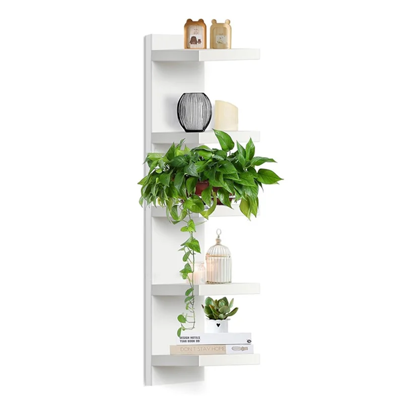 Étagère Murale Multi-Niveaux Sans Perçage à 5 Niveaux - Support de Rangement Flottant Organisateur de Décoration pour Salon et Chambre - Blanc