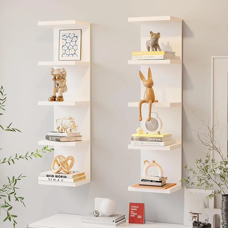 Étagère Murale Multi-Niveaux Sans Perçage à 5 Niveaux - Support de Rangement Flottant Organisateur de Décoration pour Salon et Chambre - Blanc