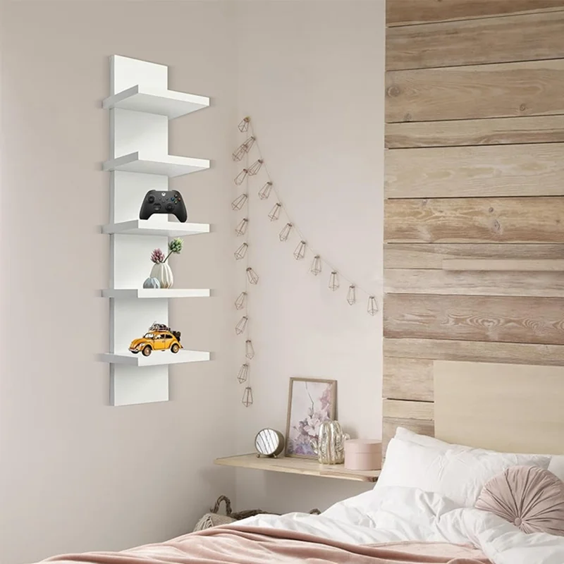 Étagère Murale Multi-Niveaux Sans Perçage à 5 Niveaux - Support de Rangement Flottant Organisateur de Décoration pour Salon et Chambre - Blanc