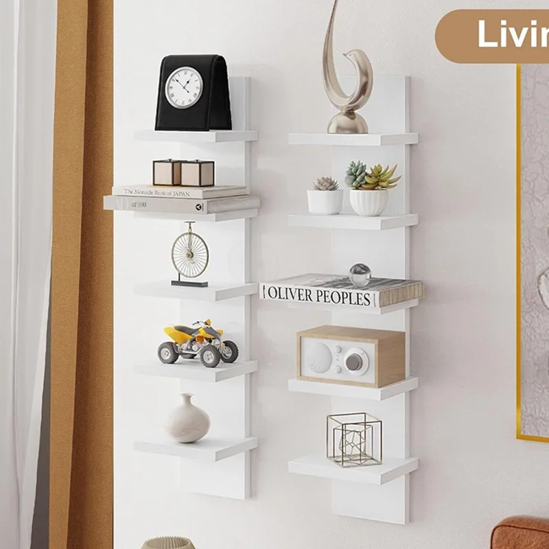 Étagère Murale Multi-Niveaux Sans Perçage à 5 Niveaux - Support de Rangement Flottant Organisateur de Décoration pour Salon et Chambre - Blanc
