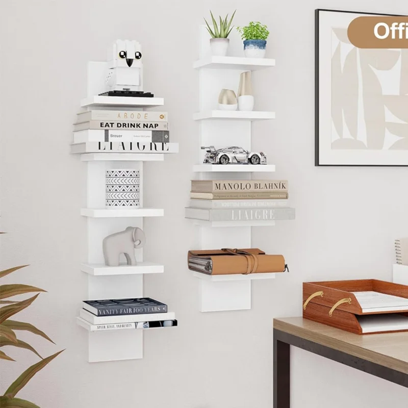 Étagère Murale Multi-Niveaux Sans Perçage à 5 Niveaux - Support de Rangement Flottant Organisateur de Décoration pour Salon et Chambre - Blanc