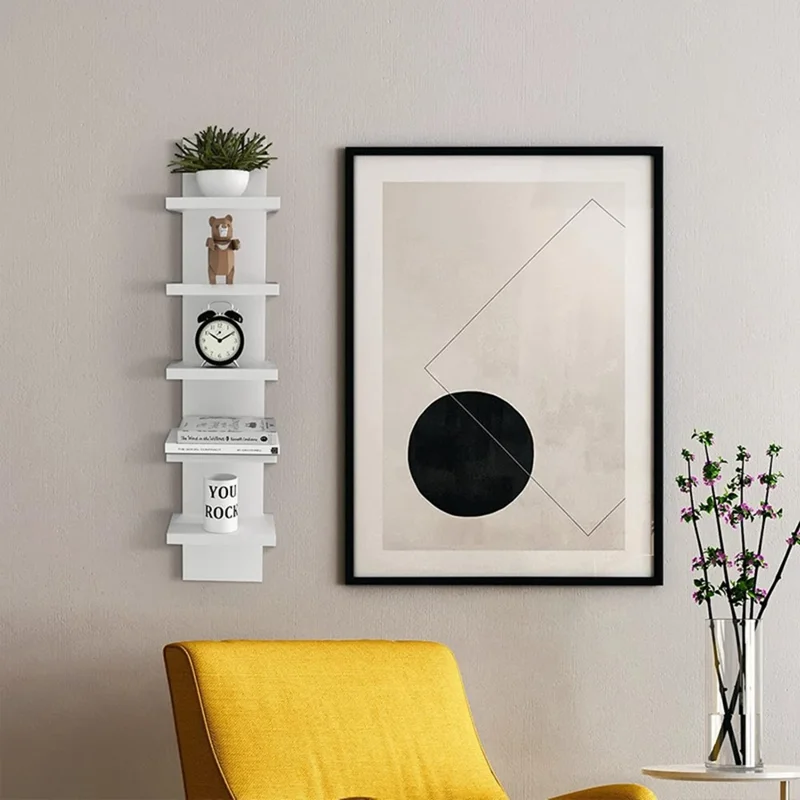 Étagère Murale Multi-Niveaux Sans Perçage à 5 Niveaux - Support de Rangement Flottant Organisateur de Décoration pour Salon et Chambre - Blanc