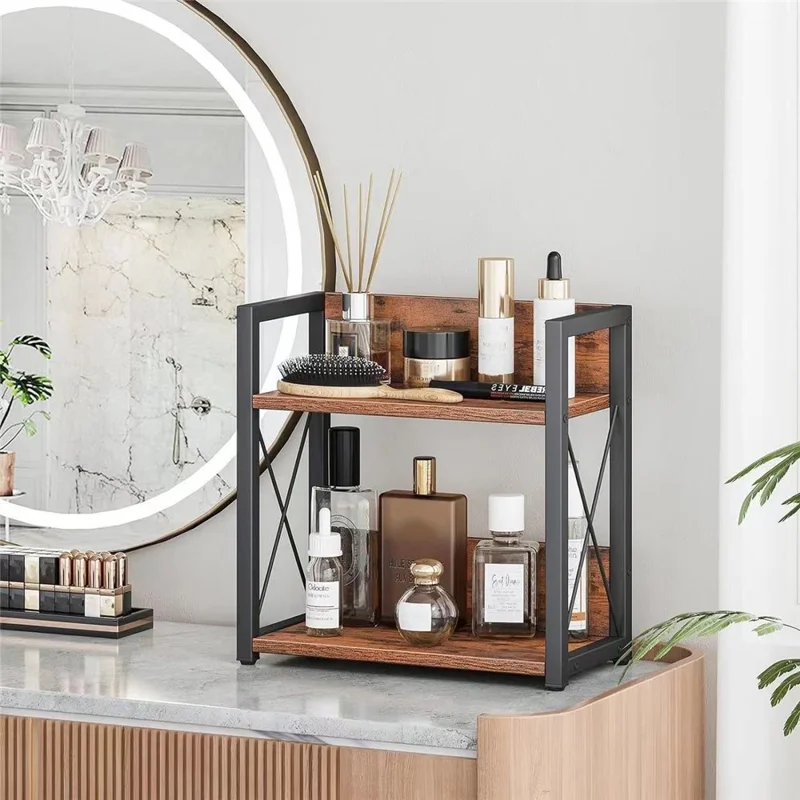 Étagère de rangement en bois de fer à 2 niveaux Organisateur pour comptoir de cuisine, vanité de salle de bain, épices et cosmétiques - Couleur charbon