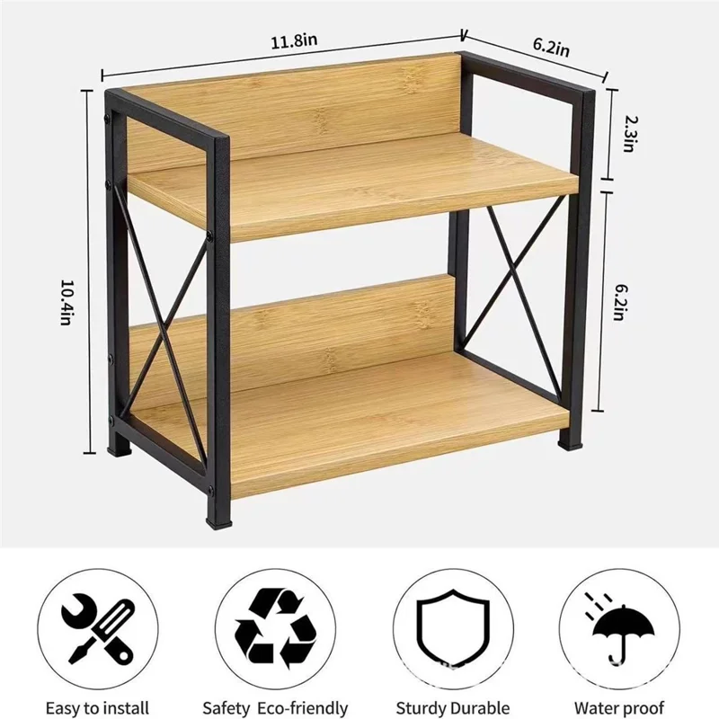 Étagère de rangement en bois de fer à 2 niveaux Organisateur pour comptoir de cuisine, vanité de salle de bain, épices et cosmétiques - Couleur charbon