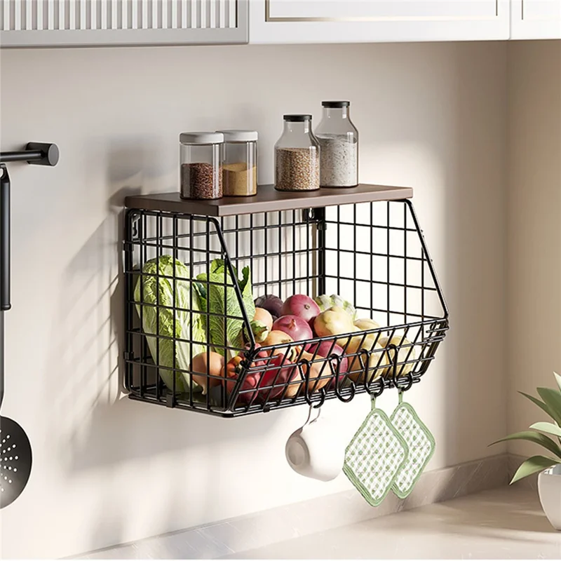 Estante de Almacenamiento de Cocina Montado en Pared - Estantería Pequeña de Hierro y Madera Plegable con Cesta para Verduras y Frutas para Cocina y Balcón